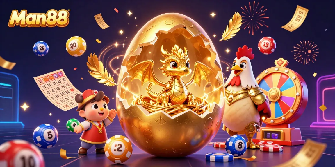 Experience thrilling gaming excitement at Man88 with a baby dragon and golden casino elements.