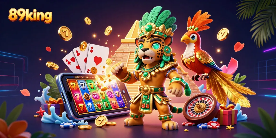 Experience high-energy gaming with 89king in a vibrant, tropical casino scene featuring slot games and golden treasures.
