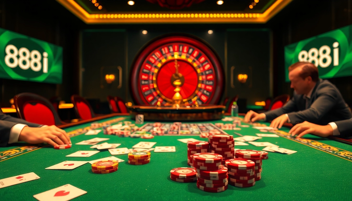 A high-stakes poker table scene at 88I casino featuring vibrant poker chips and cards.