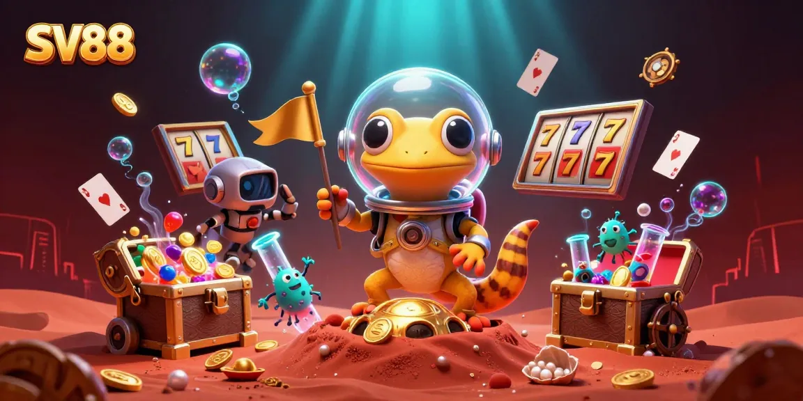 SV88 immerses gamers in a vibrant casino scene with exciting slots and treasure details.