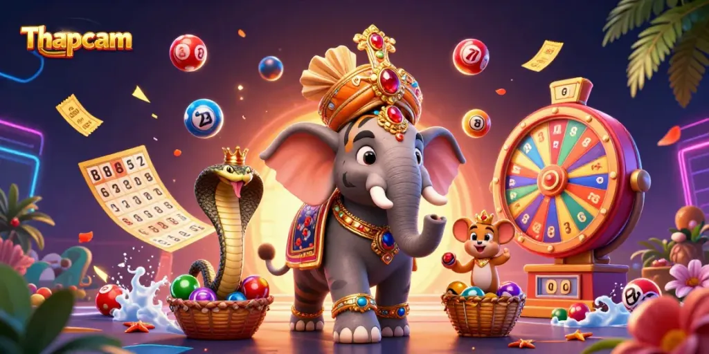 Thapcam offers exciting lottery action with vivid 3D artwork featuring colorful balls and thrilling elements.