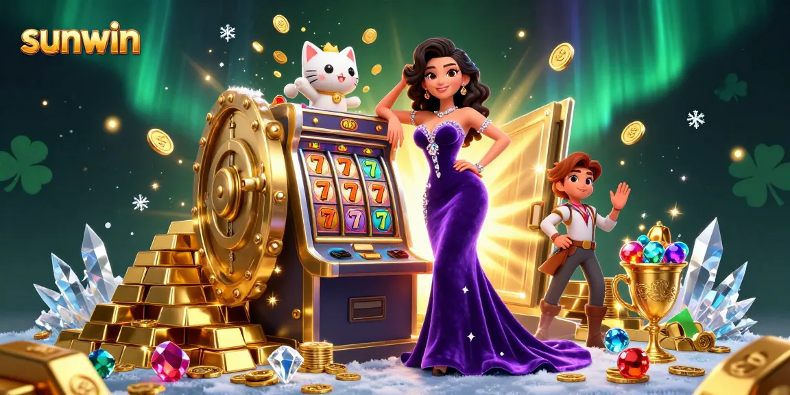Experience sunwin's thrilling jackpot excitement with a glamorous scene filled with coins and treasures.