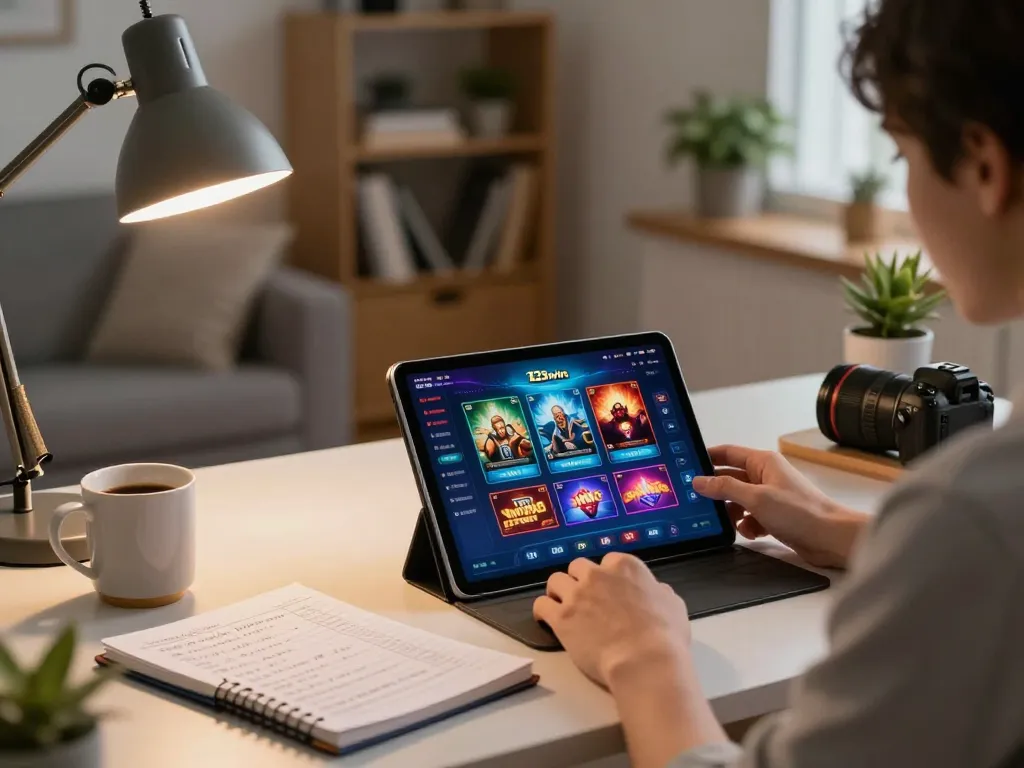 Engaging with 123win com's online casino on a tablet in a cozy home environment, promoting responsible gaming.