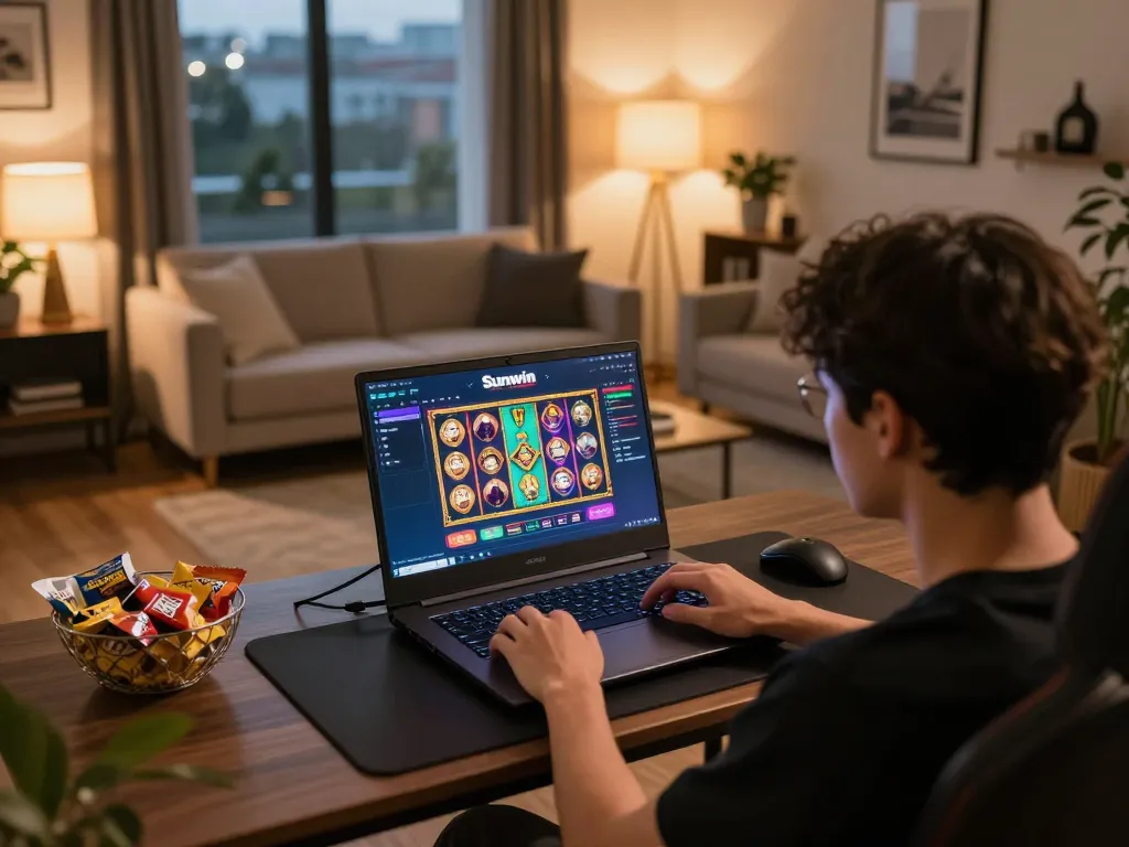 Engaged player enjoying Sunwin online games on a laptop in a cozy home setting