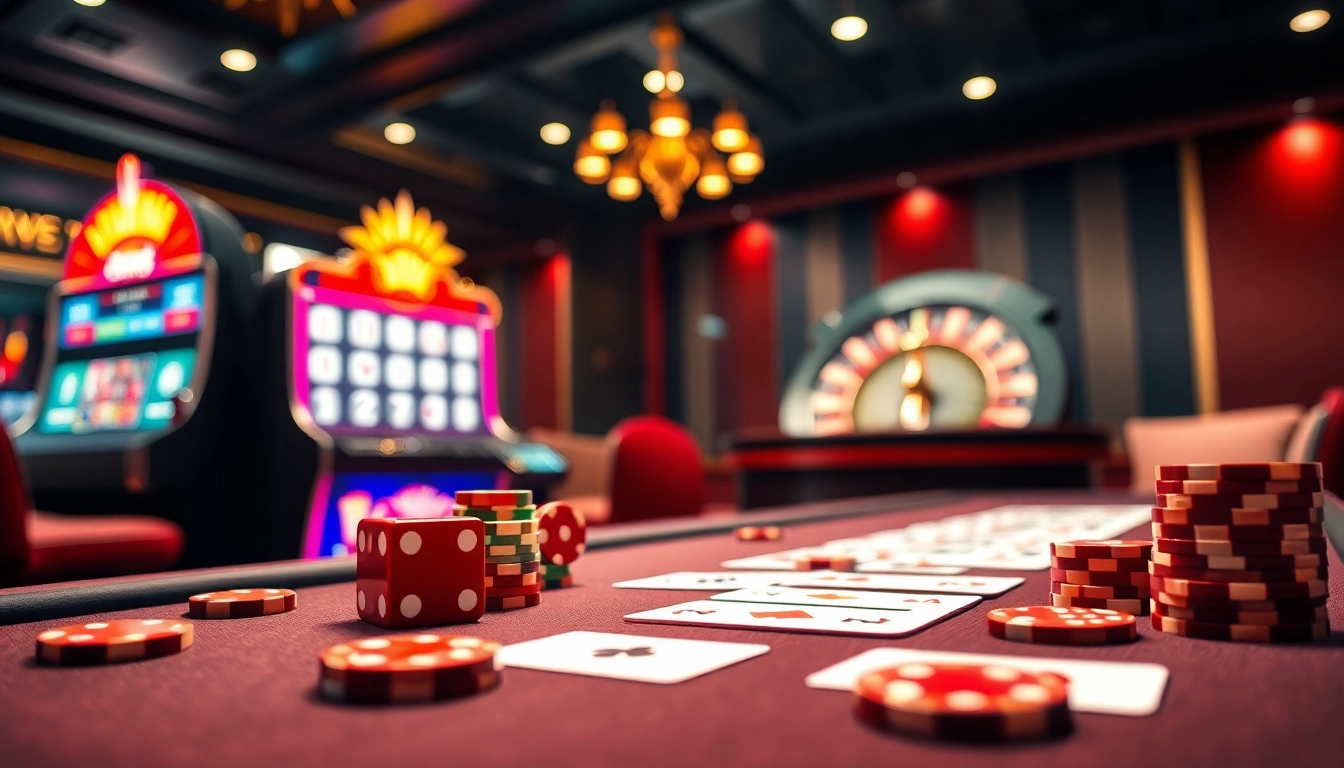 Engage with the exciting world of e28 my casino gaming featuring vibrant tables, cards, and roulette wheels.