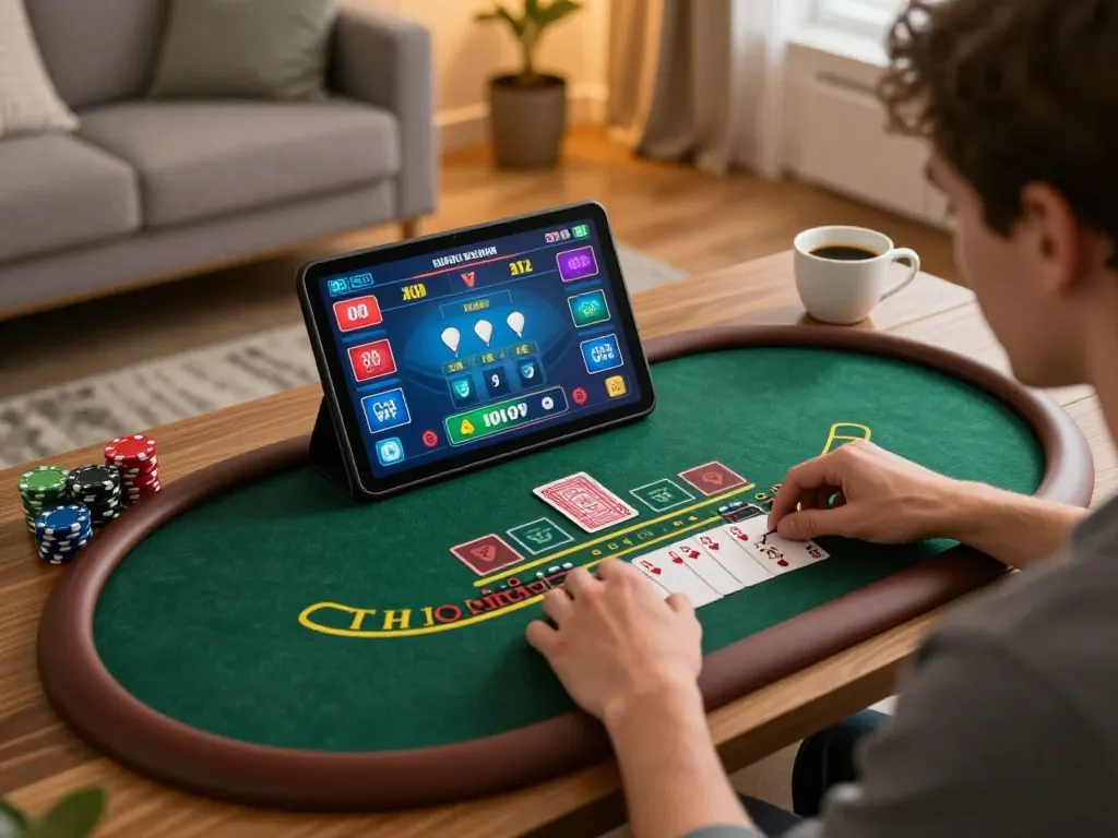 Player engaging in a live dealer blackjack game on tablet while enjoying the comforts of home, showcasing lv88f's online gaming experience.