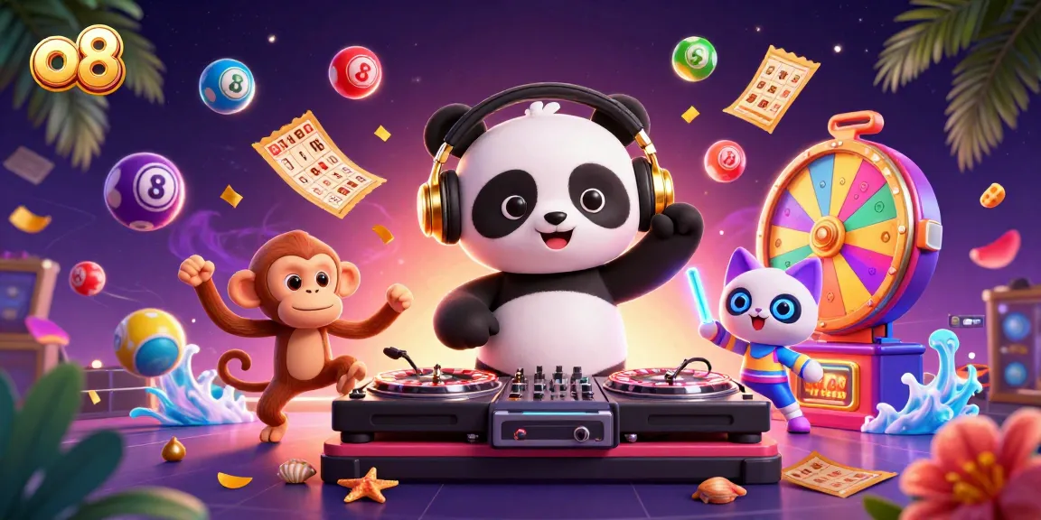 o8 spins vibrant lottery balls in a colorful casino scene with energetic cartoon characters