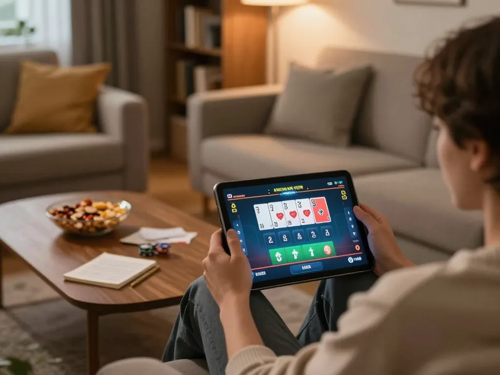 GK88 co player engaged in online poker gaming at home with tablet and strategy notes