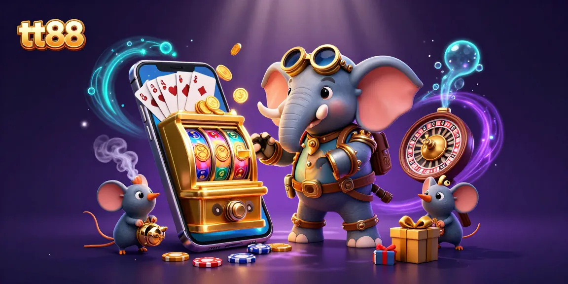Experience thrilling gameplay at tt88 with a steampunk elephant operating an elaborate slot machine in a vibrant, dynamic casino scene.