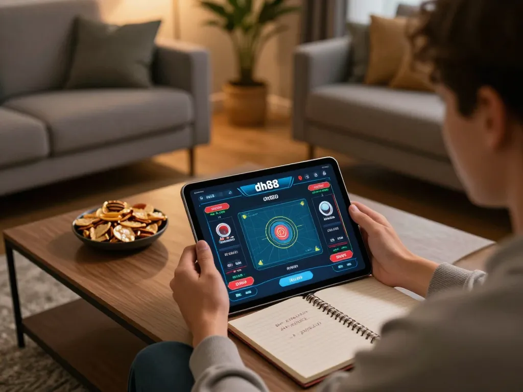 Engaging with the dh88 app on a tablet for strategic online gaming in a cozy living room setting
