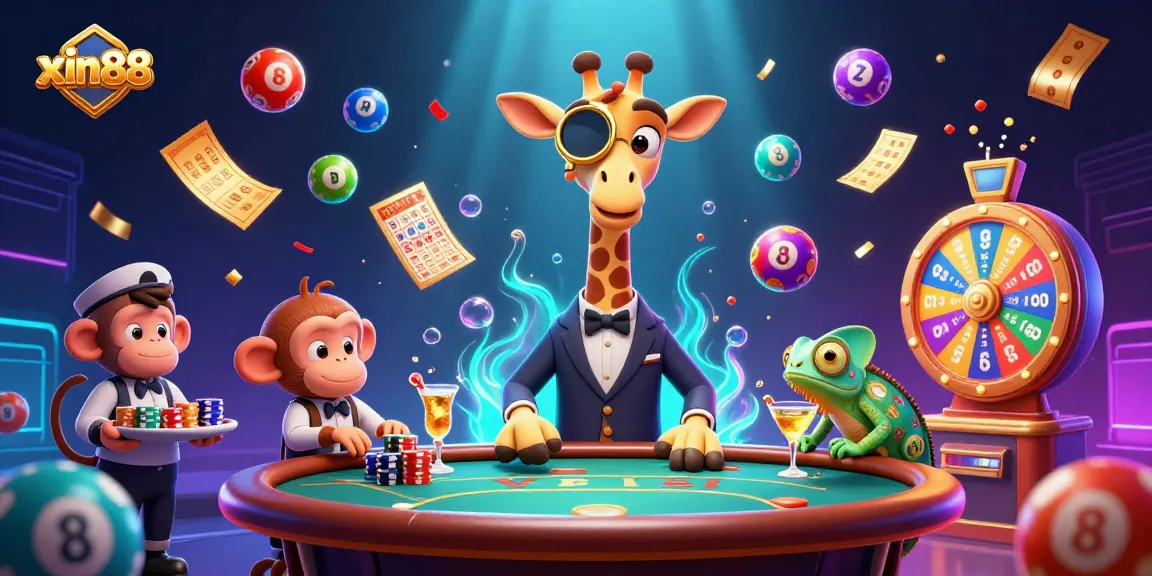 Engage in thrilling games at xin88 with vibrant colors, golden decorations, and lively casino characters.