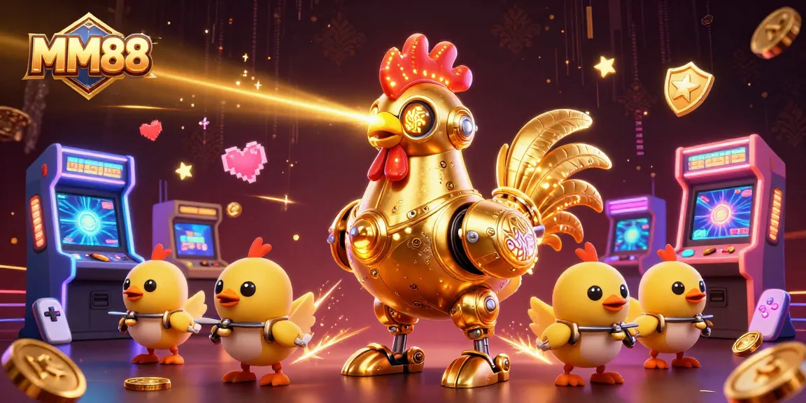 Engage in thrilling gameplay with MM88's retro-futuristic casino adventure featuring vibrant robots and arcade elements.