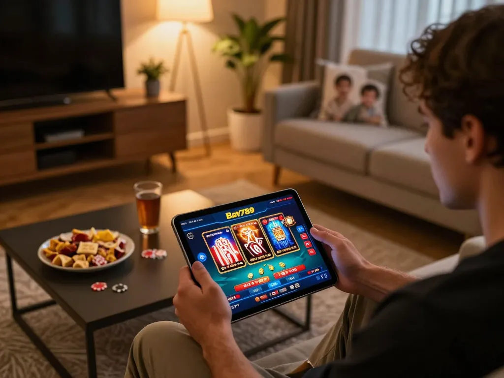 Player enjoying strategic gameplay on Bay789 app in cozy home setting