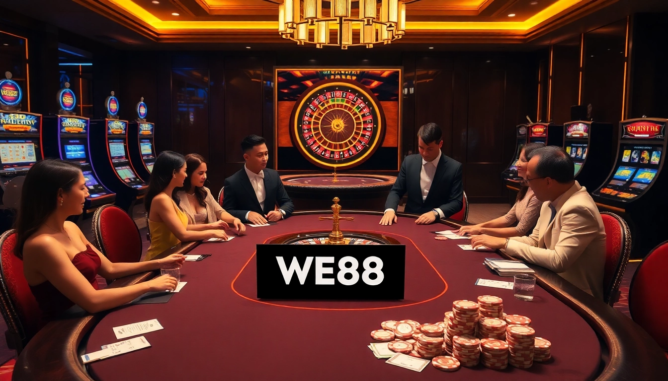 Experience thrilling gameplay at WE88 with vibrant casino elements, elegant tables, and colorful chips.