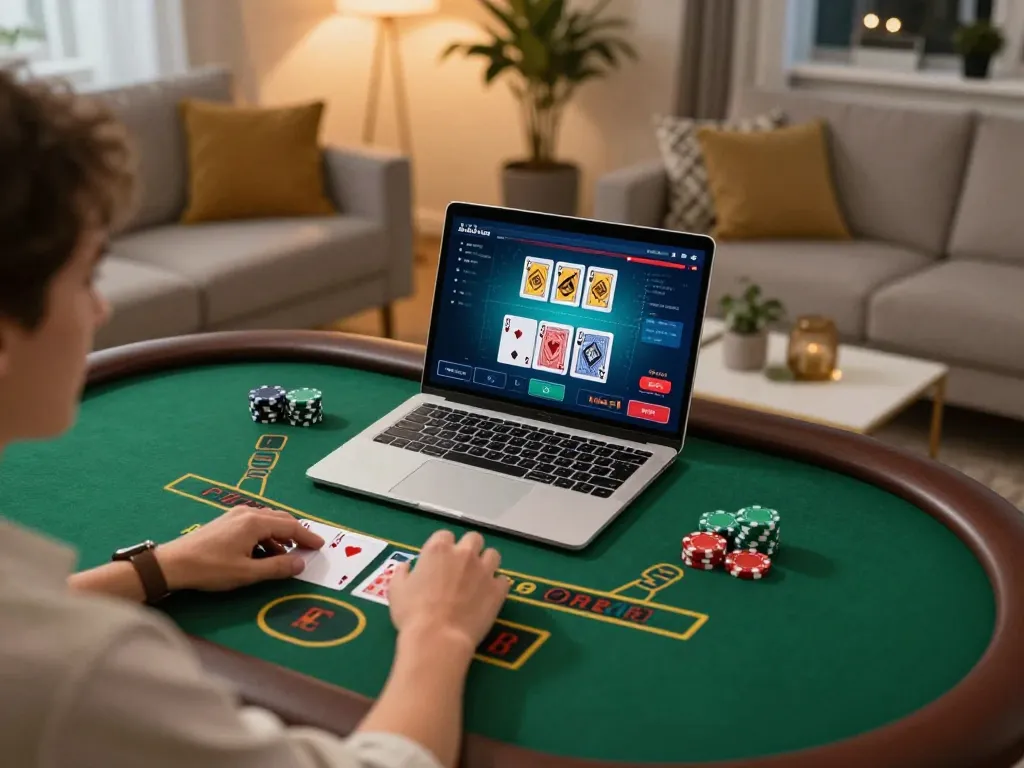 Engaged player using BL555 for live dealer blackjack at home with a cozy setup.