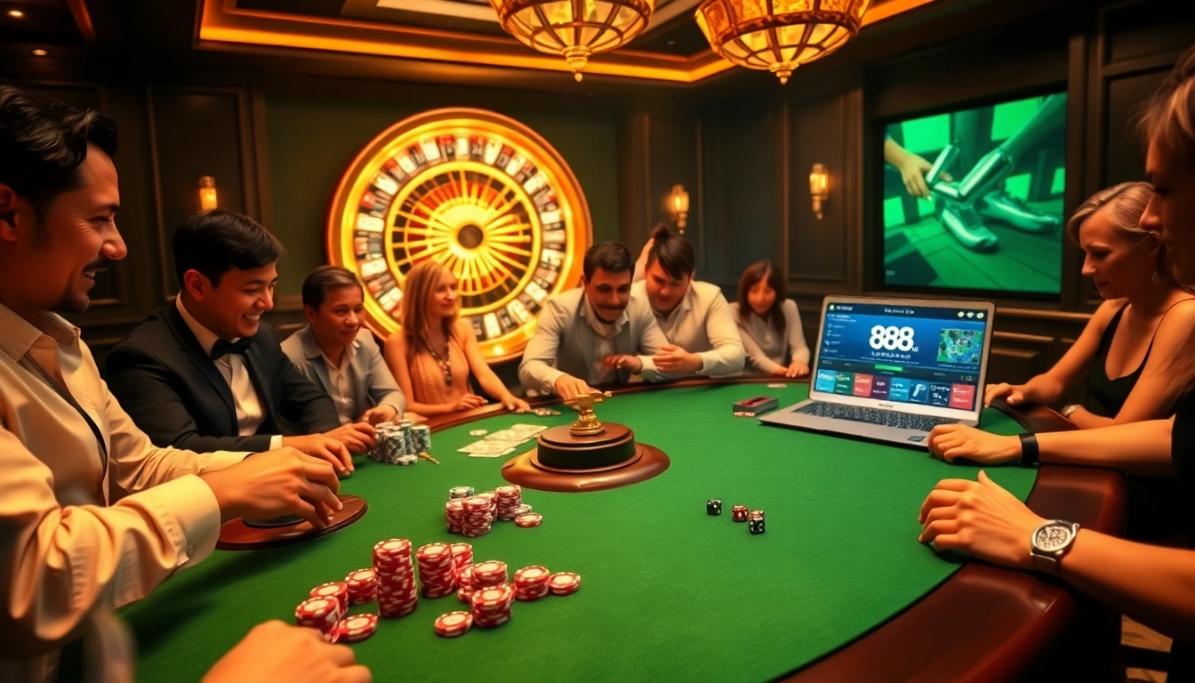 A thrilling casino scene at 888VND COM with vibrant poker chips and a glowing roulette wheel, showcasing excitement.