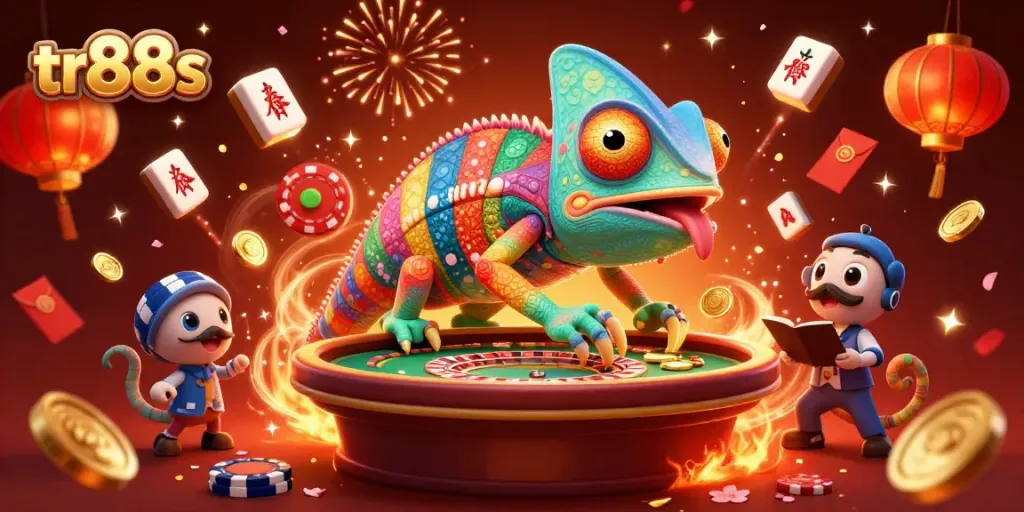 Experience vibrant gaming excitement at tr88s with a dynamic chameleon casino owner and festive elements.
