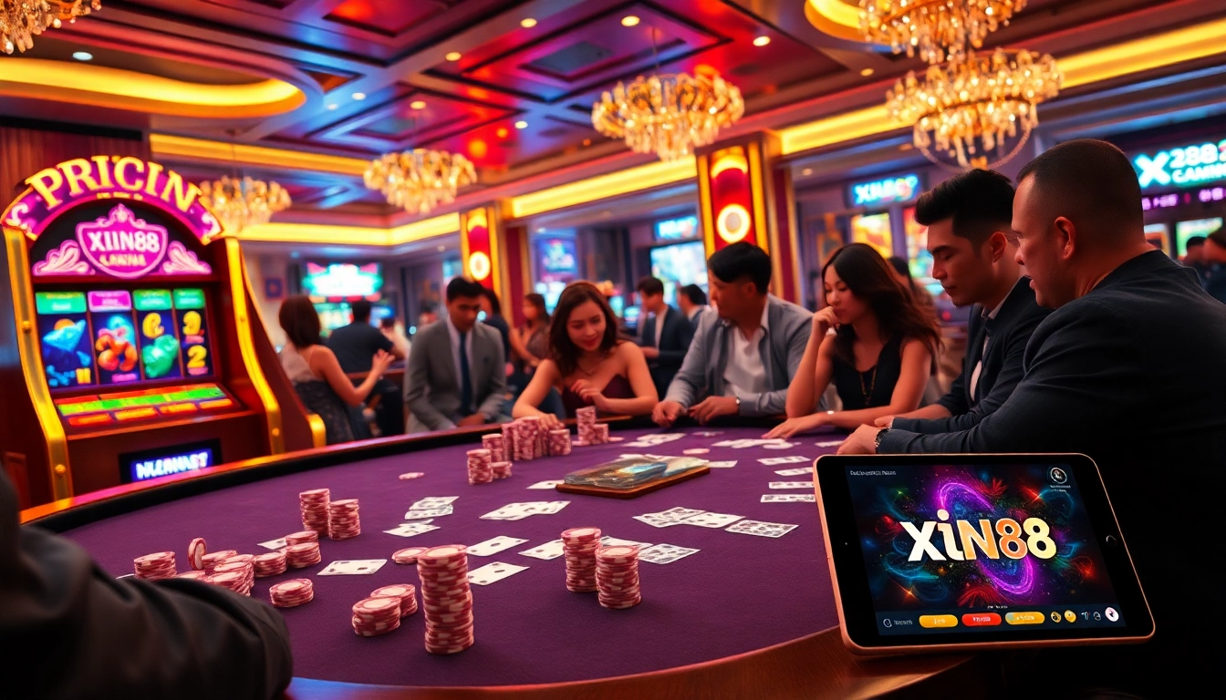 The xin88 gambling scene showcases an exciting online casino with players at vibrant poker tables and slot machines, highlighting thrill and luxury.