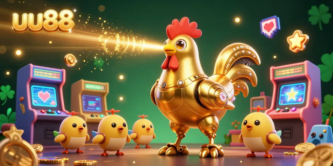 Engage in thrilling games at uu88 with a colorful 3D illustration, featuring the golden rooster and chicks in a vibrant casino setting.
