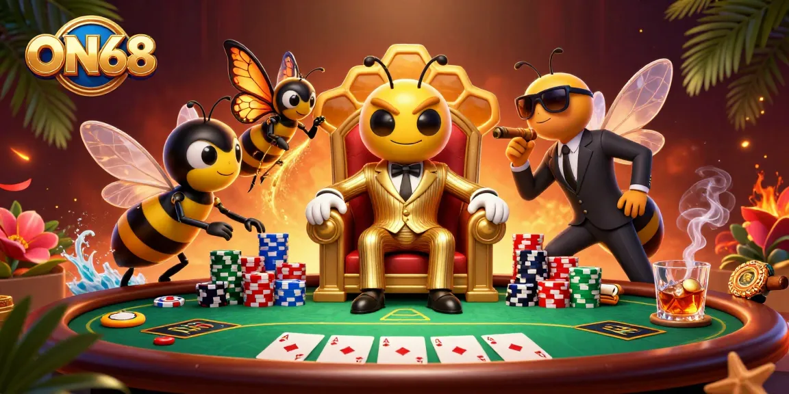 Engage with ON68's vibrant 3D illustration showcasing a bumblebee mob boss amidst poker games and golden elements.
