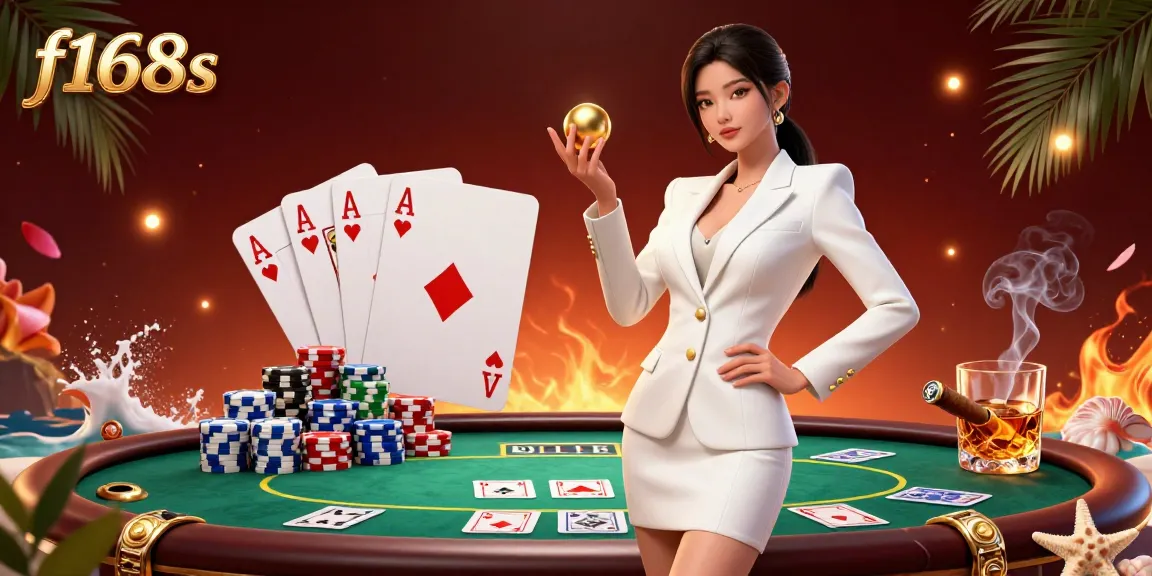 Experience thrilling moments at f168s with a captivating scene of a confident Asian woman in a tuxedo holding a roulette ball, surrounded by poker elements.