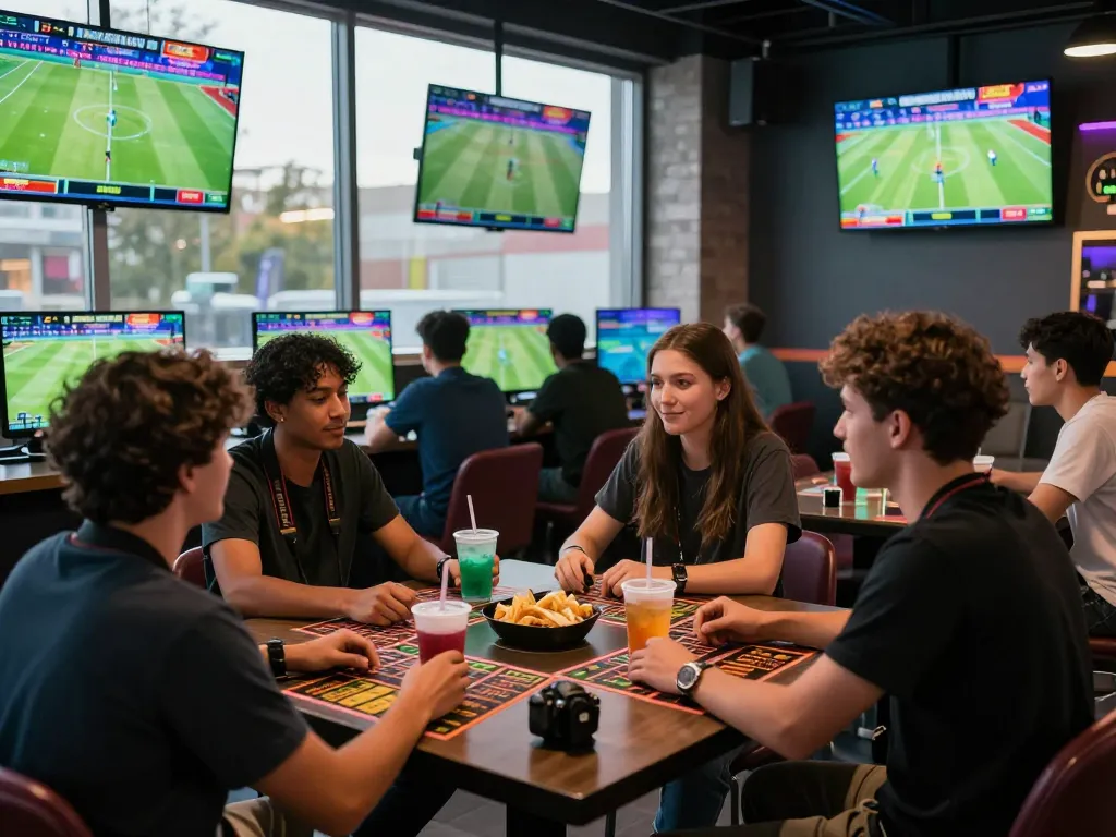 Engaging scene of kèo bóng da88 enthusiasts in a vibrant betting lounge with sports screens
