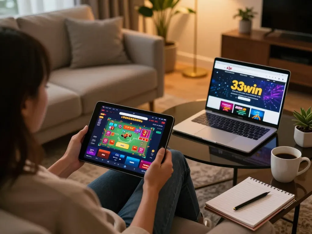 Engaged player exploring 33win app on tablet surrounded by notes and coffee in cozy home setup