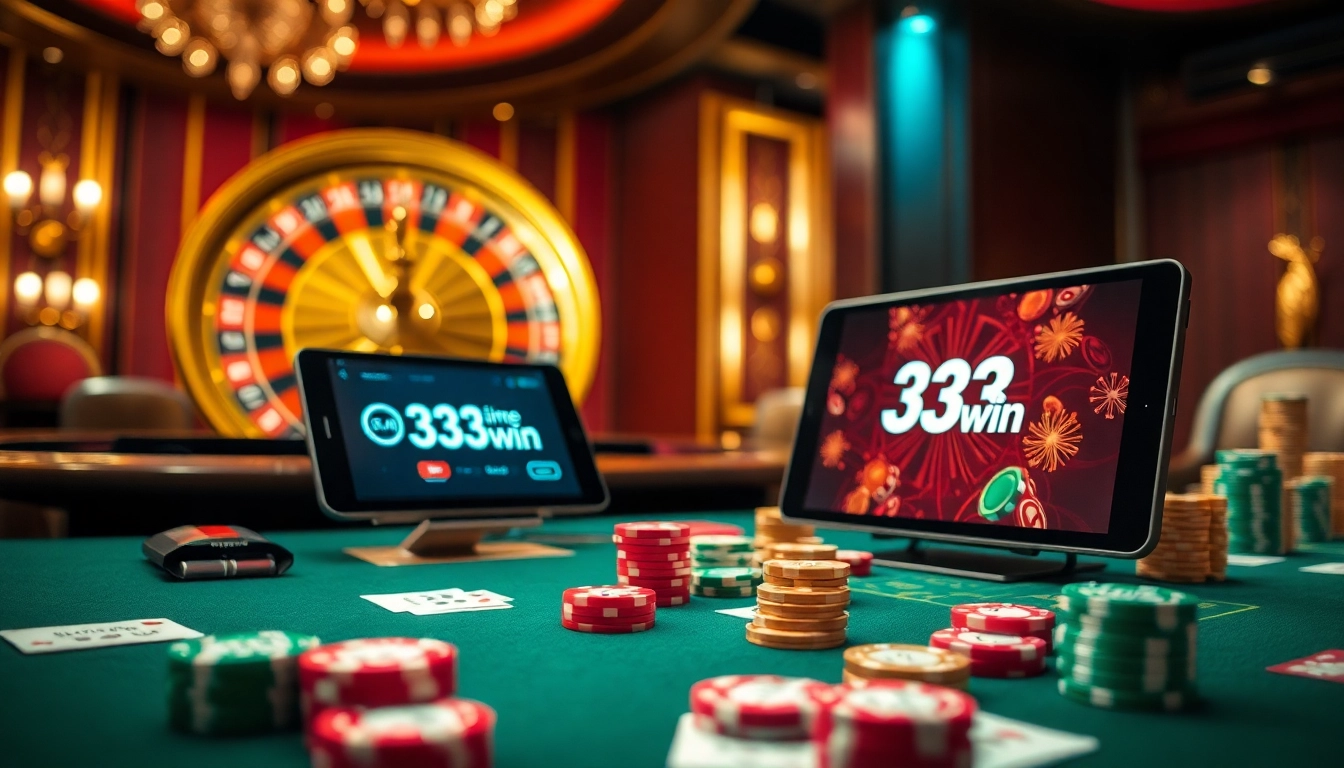 Engaging players in the Game 33win interface at a luxurious casino table with vibrant chips and roulette.