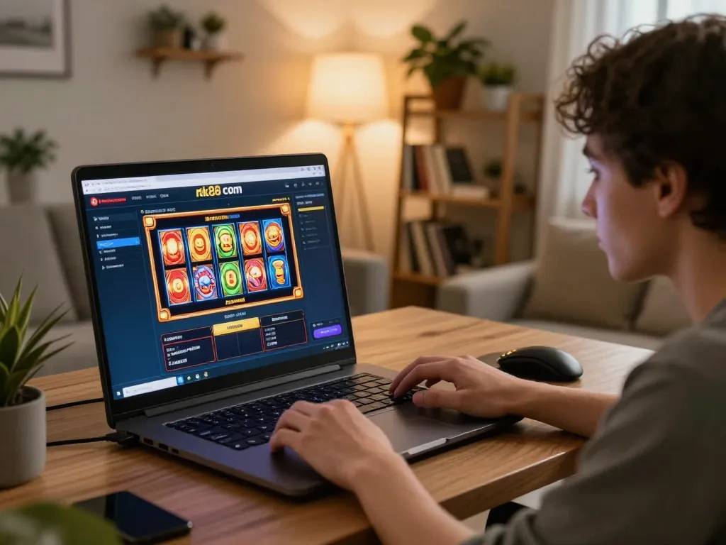 Engaging with nk88 com online casino slots in a cozy home setup, showcasing vibrant gameplay.