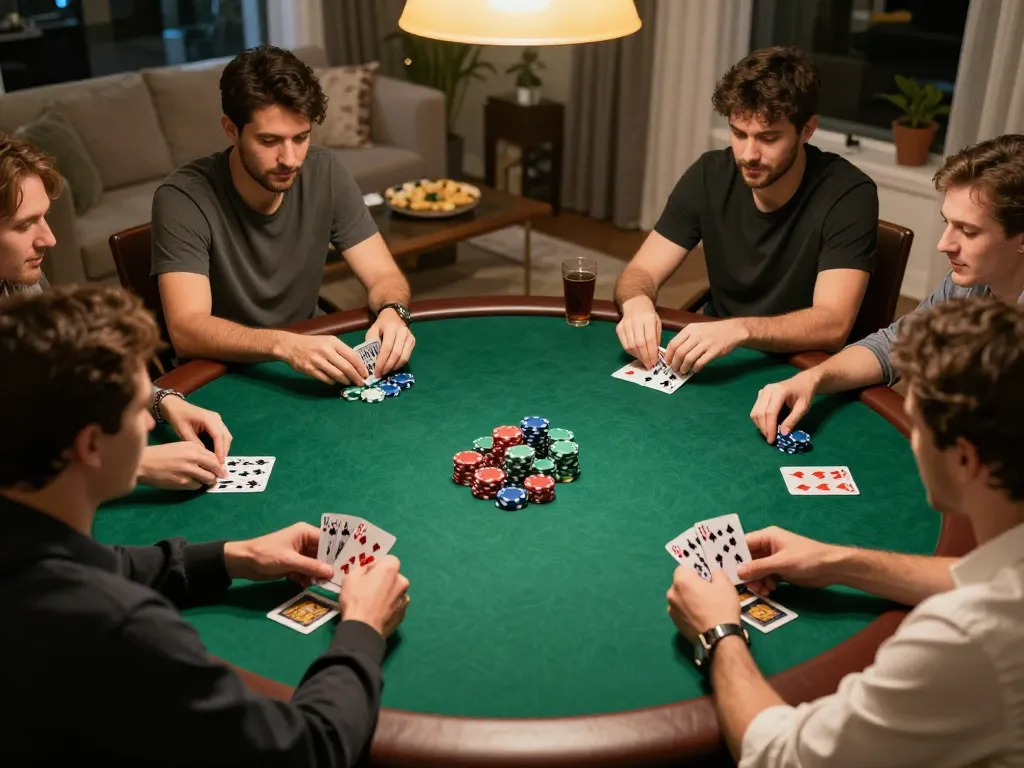 VIPWIN poker players engaging in a competitive home game night surrounded by a friendly atmosphere