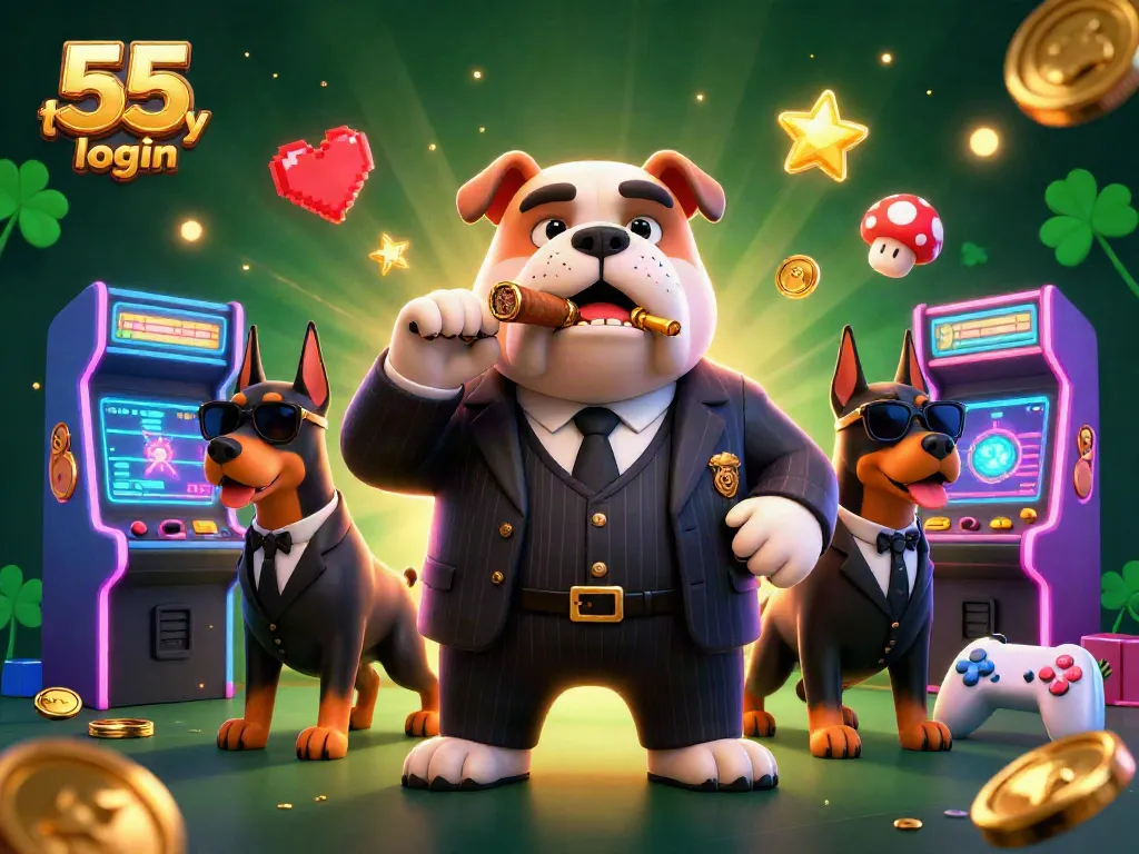 Engage in the fun of 55 lottery login with a dynamic 3D illustration featuring a mafia bulldog boss and dog bodyguards.