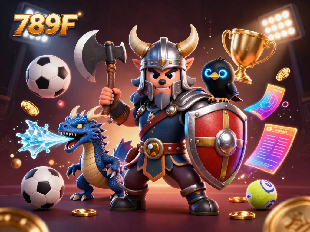 Engage in thrilling bets with 789F featuring a Viking wolf warrior, a fierce dragon, and vibrant game elements.
