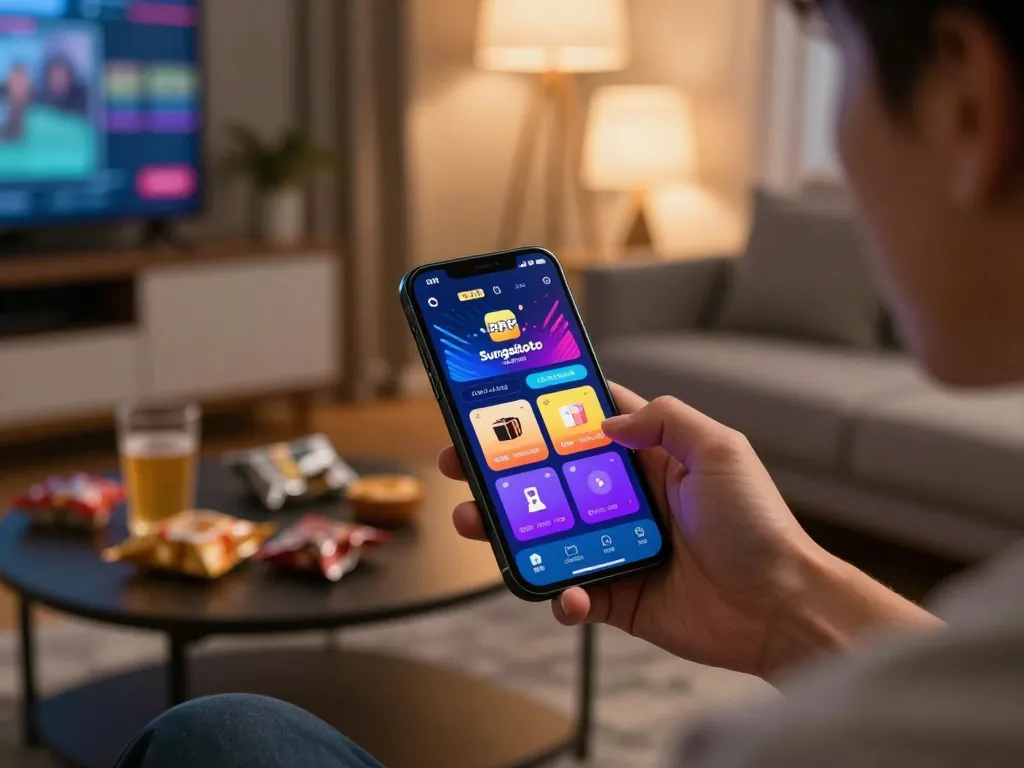 Engaging with apk sungaitoto betting app on a smartphone in a cozy living room setting