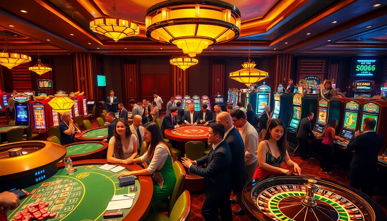 Players enjoying games at SODO66 casino with vibrant tables, slots, and roulette, showcasing excitement.
