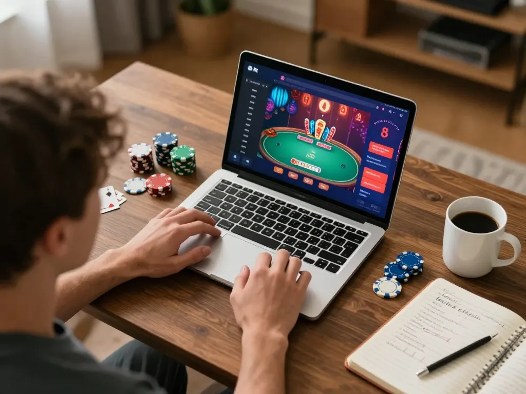 Engaged player using 78wingo for online poker in a stylish home setup, showcasing strategic excitement.