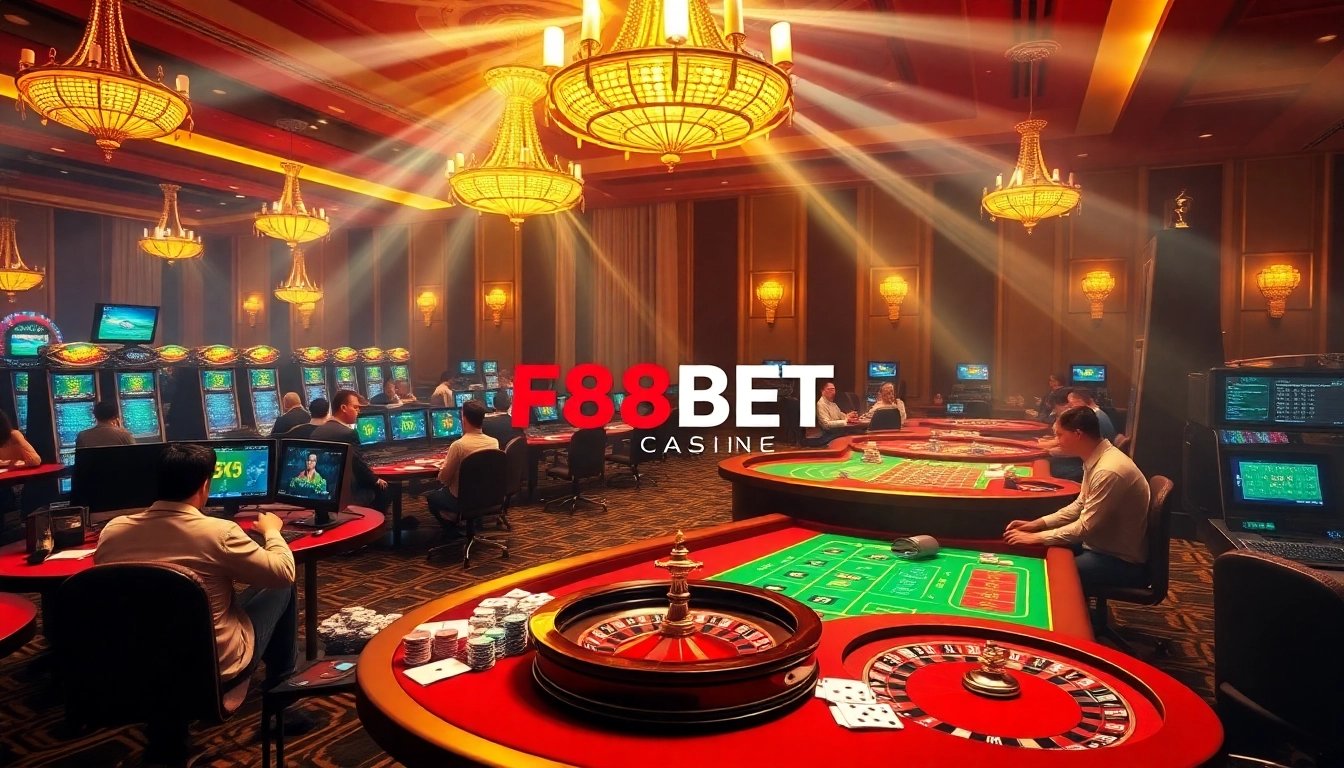 Players enjoying exciting games at F88BET casino with poker chips and roulette.