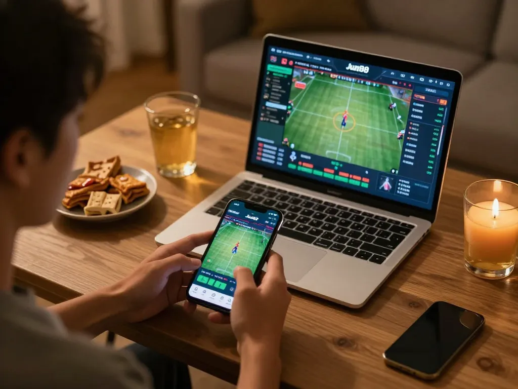 Player enjoying sports betting on the Jun88 app in a cozy home setting, surrounded by snacks.