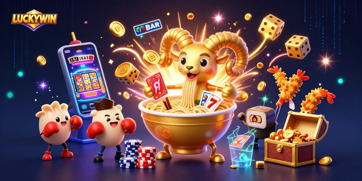 Catch the lucky vibes at LUCKYWIN with an engaging 3D casino scene of a golden ramen bowl dealer and exciting game elements.