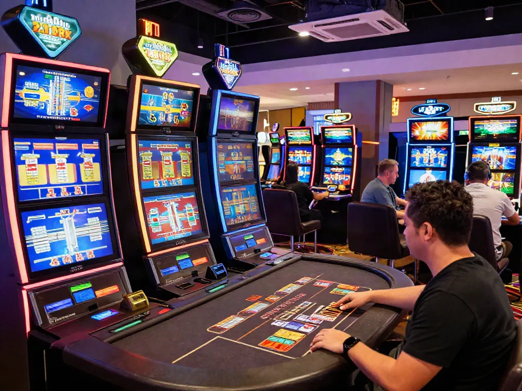 Casinos that accept credit card with vibrant gaming machines and players in a lively casino environment.