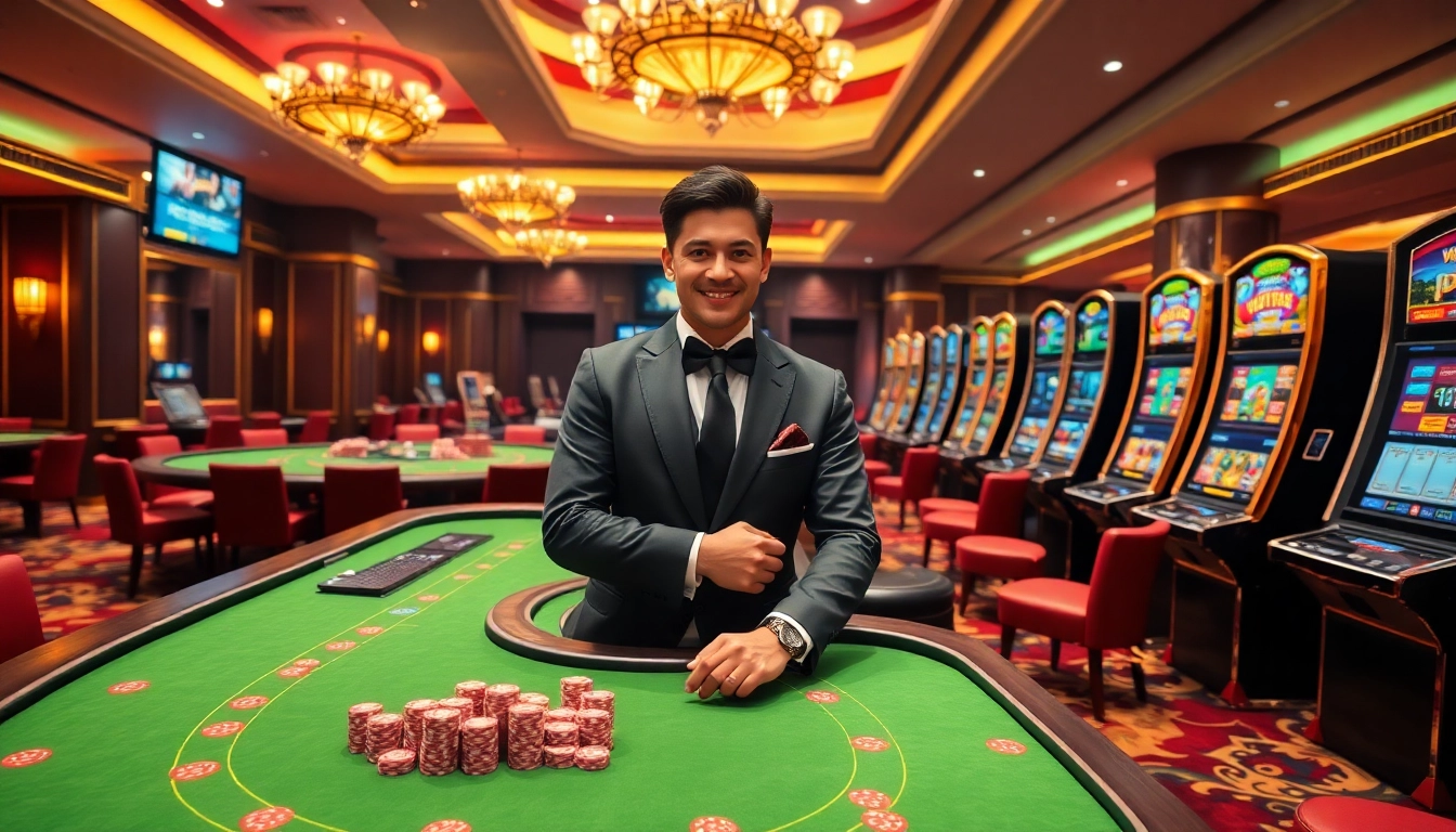 AA88 online casino featuring vibrant tables, poker chips, and a welcoming dealer.