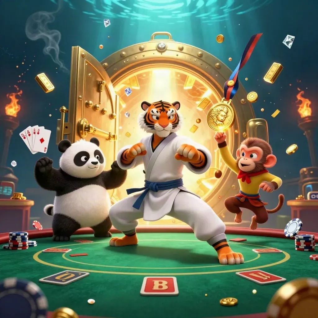 Tiger, panda and monkey guard an opened treasure vault as gold and poker props burst in blue-green light.