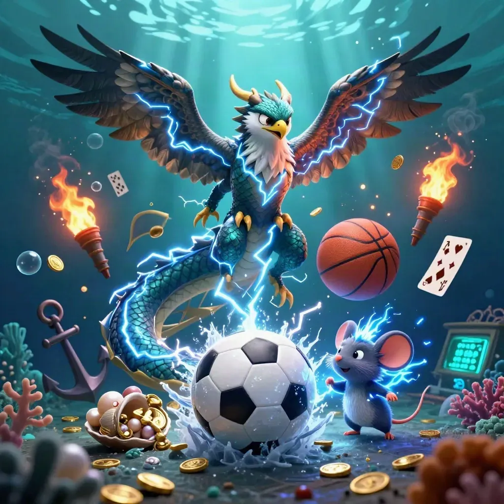 Thunder dragon, wind hawk and static mouse burst around sports gear in an underwater treasure cove.