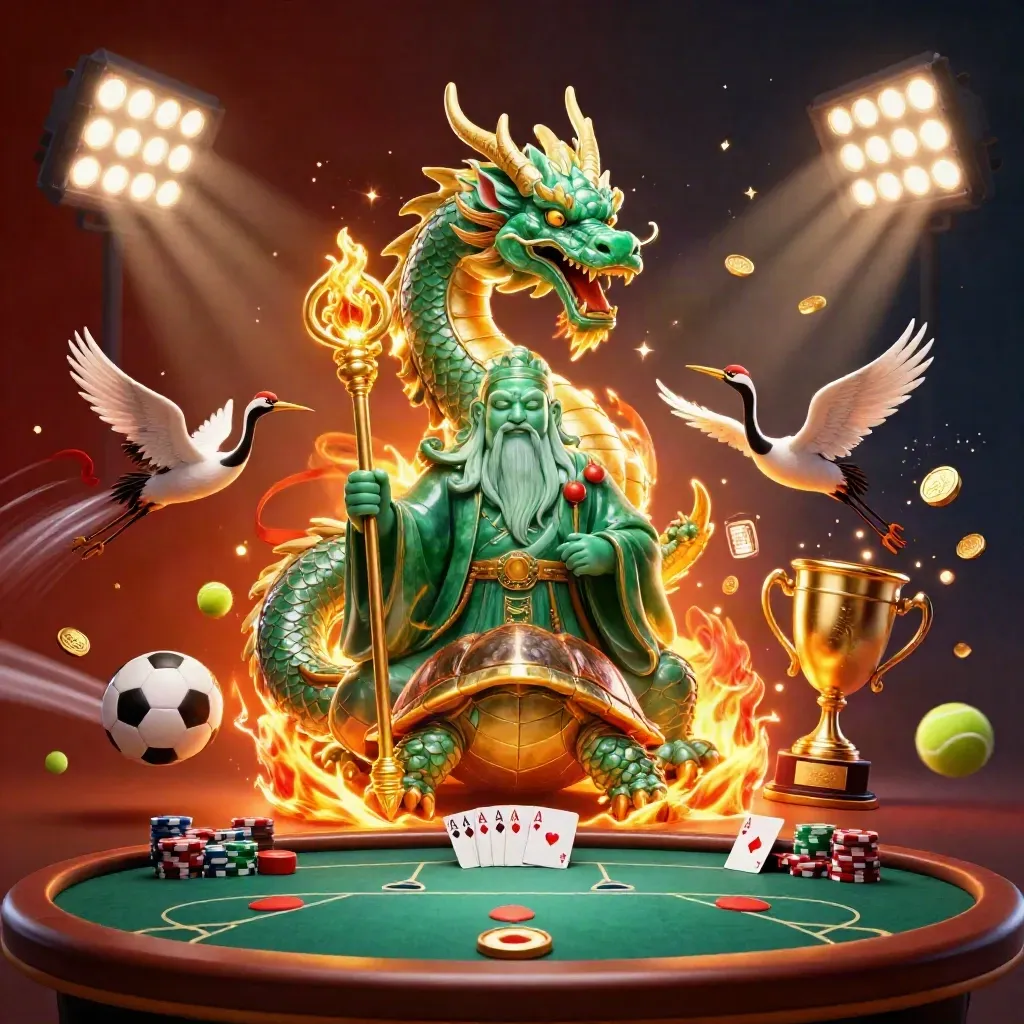 Emerald dragon, turtle sage, cranes, poker table, coins, fire, and glowing casino effects