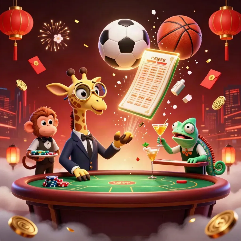 Low-angle casino-sport crossover with animal mascots, balls, coins, and glowing red-gold haze.