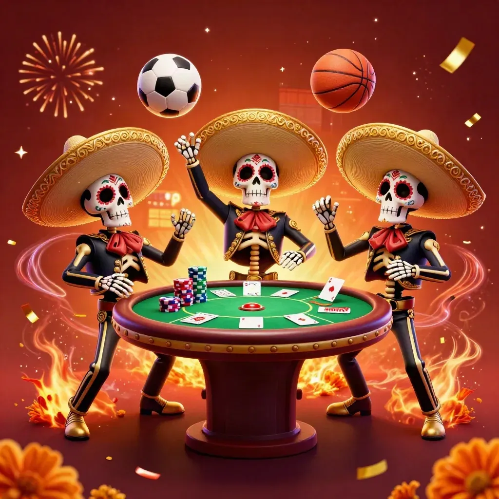 Skeleton mariachi trio amid poker chips, aces, soccer ball and fireworks in a casino glow.