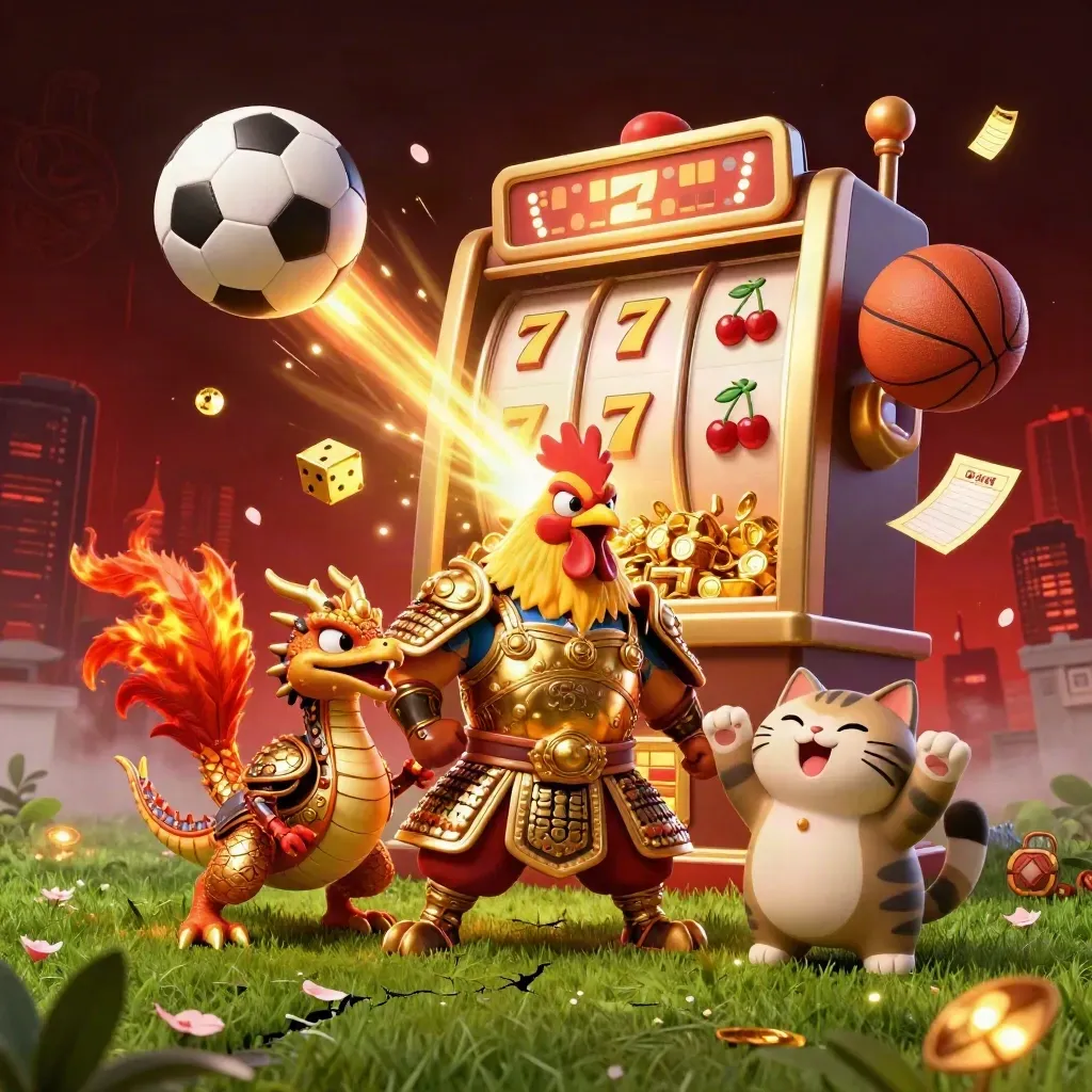 Rooster, dragon hatchling and fortune cat amid exploding casino symbols, balls and gold.