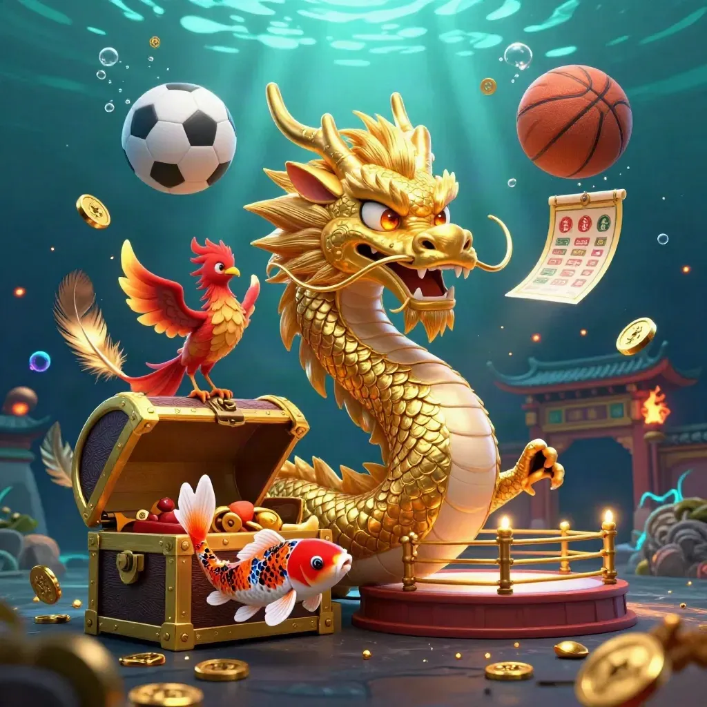 Golden dragon with phoenix and koi amid flying sports balls, coins, and teal-blue god-rays.