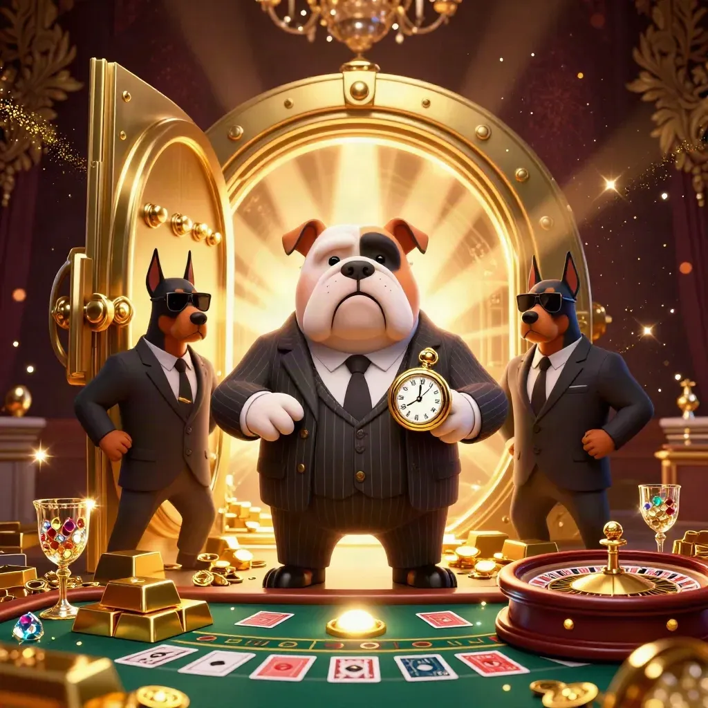 Bulldog boss and Doberman guards in a vault-lit casino scene with gold and gems.