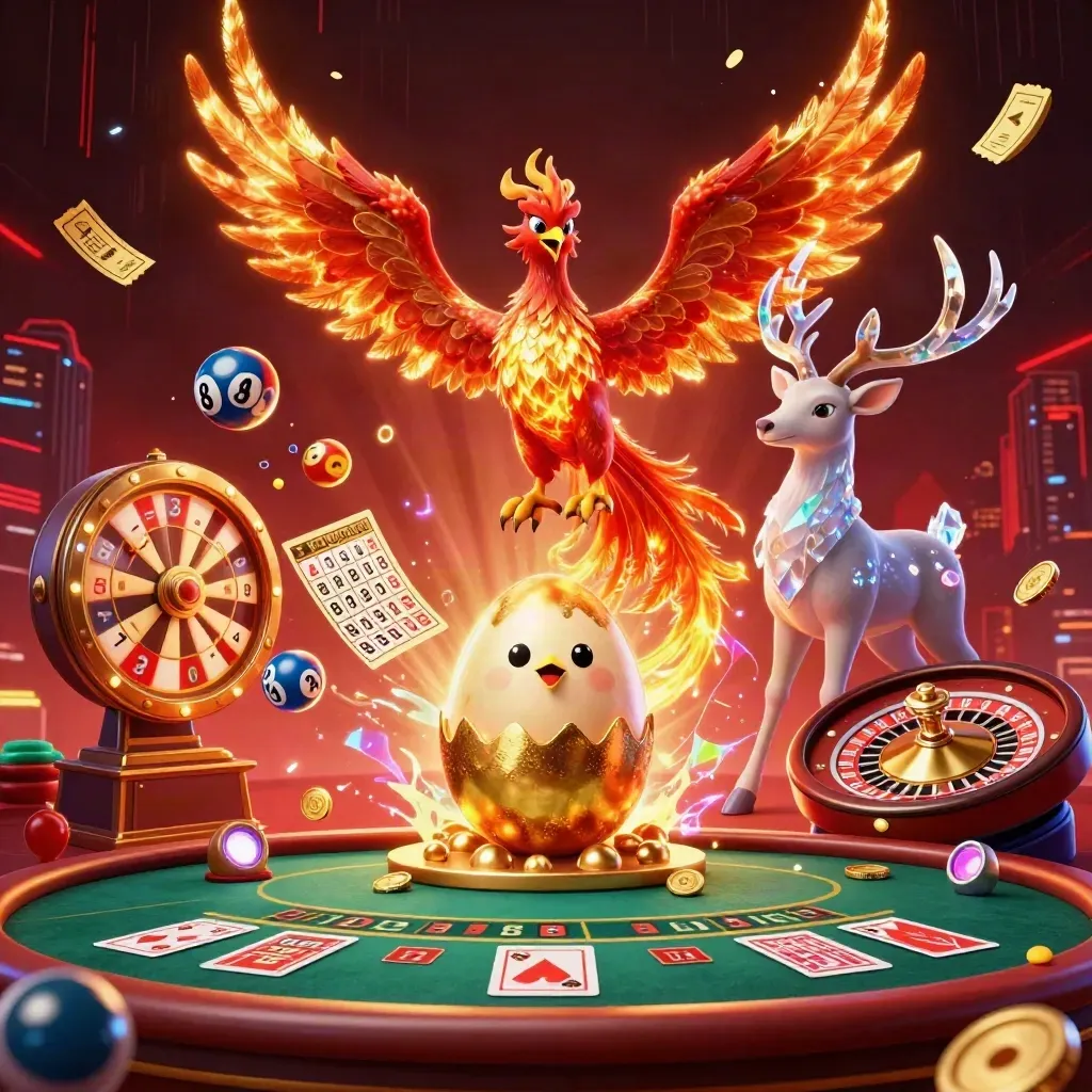 Phoenix, baby phoenix and crystal stag in a luxury casino blaze with roulette, lottery balls and gold glow.