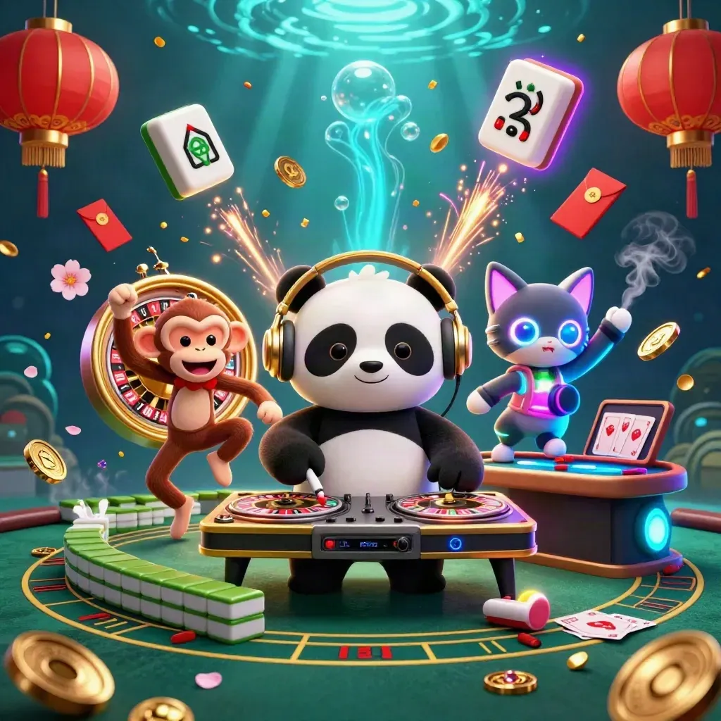 Three cartoon casino mascots in a neon underwater poker scene with lanterns, coins and a spinning roulette wheel